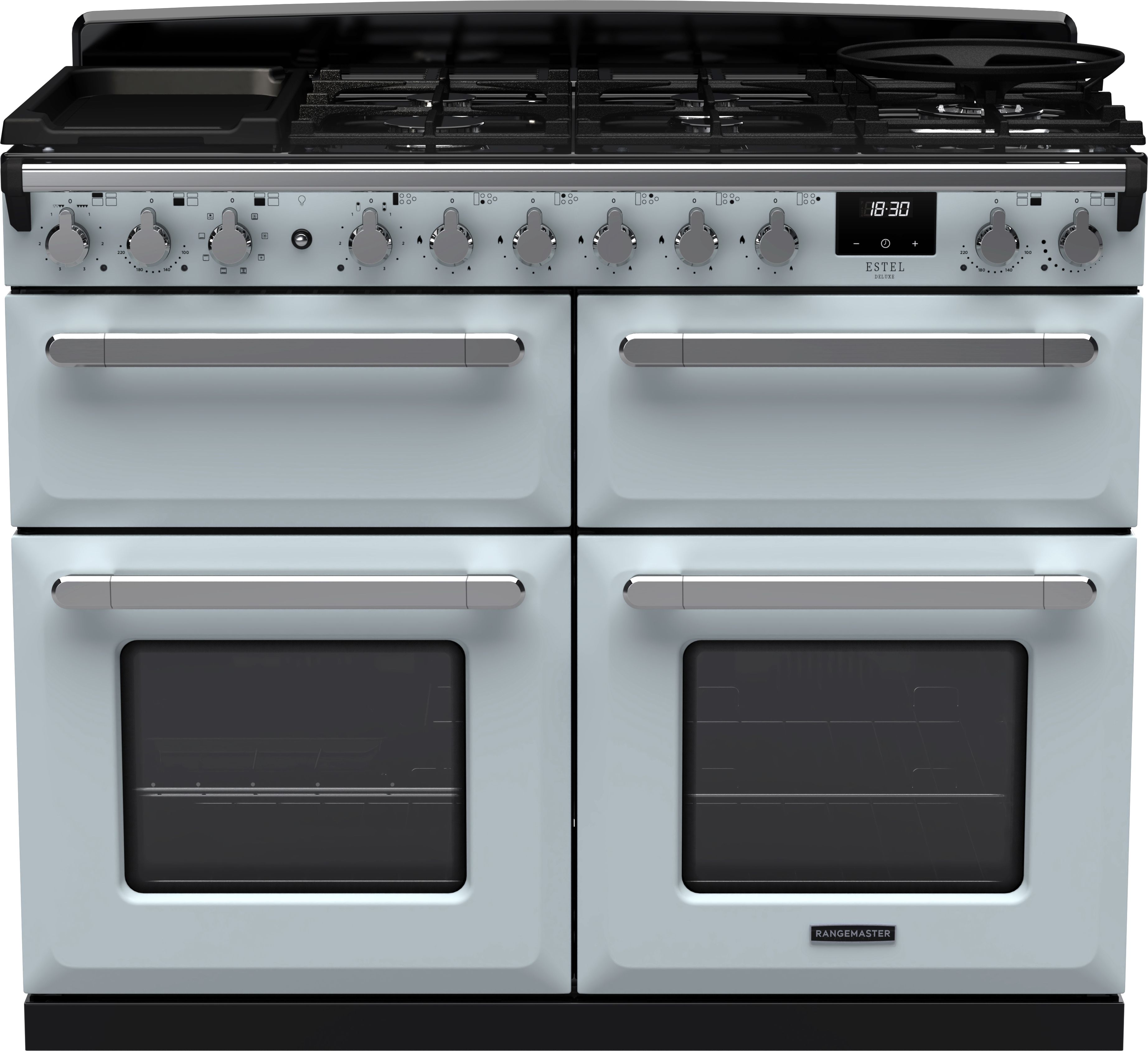 Image of Rangemaster Estel Deluxe ESDLB110DFPMSB/CM1 110cm wide Dual Fuel Range Cooker with Gas Hob - Misty Blue / Chrome - A/A Rated, Blue