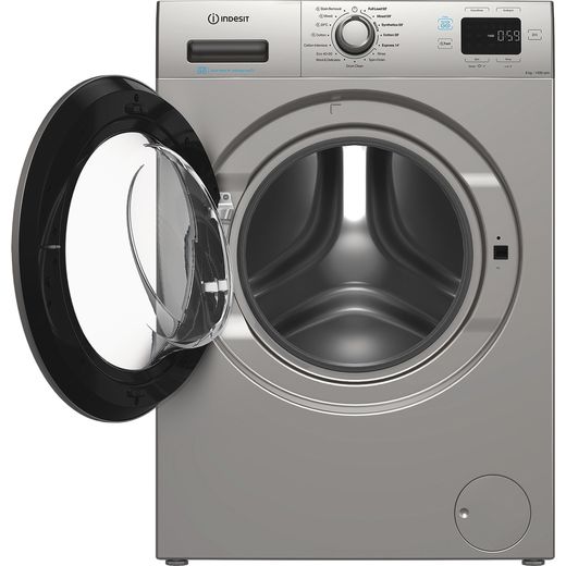 Indesit IP 846S PUSH&GO UK 8kg Washing Machine with 1400 rpm - Silver - Front with door open shot 