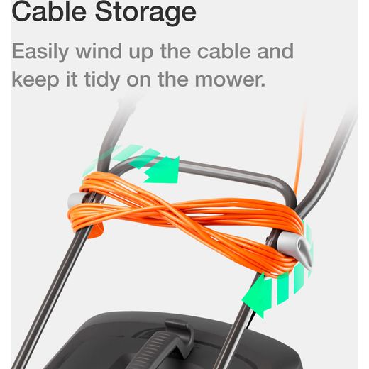 Flymo EasiStore 340R Corded Lawn Mower - Black / Orange - annotation - cable storage shot