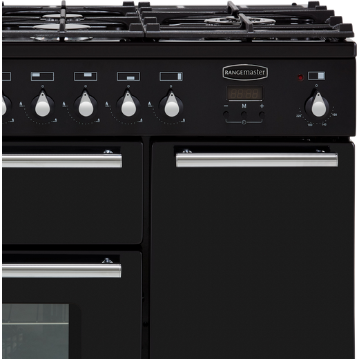 Rangemaster Toledo + 90cm Dual Fuel Range Cooker - Black / Chrome - Control panel