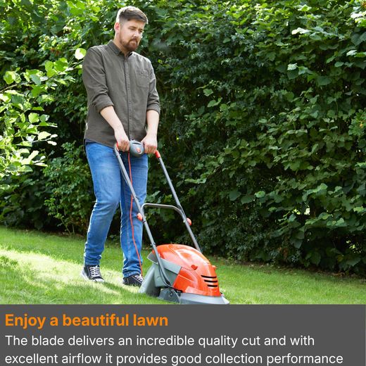Flymo HoverVac 250 Corded Lawn Mower - Orange - annotation - beautiful lawn shot