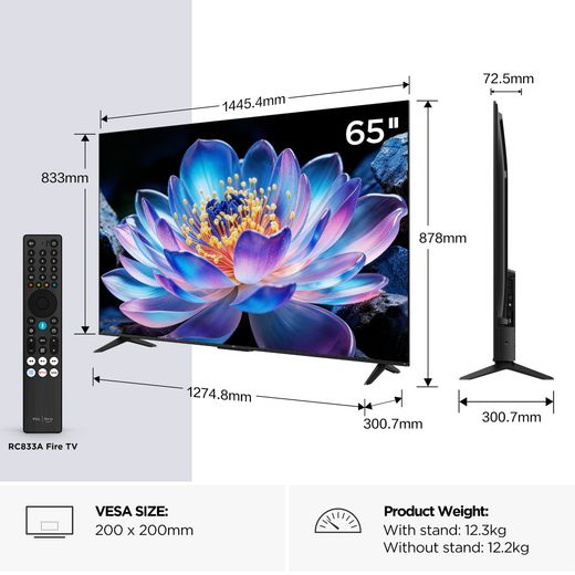 TCL 65" 4K Ultra HD Smart Fire TV - annotation - dimension shot
