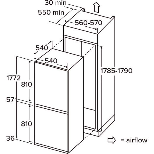 CDA FW653 177cm 50/50 Integrated Frost Free Fridge Freezer with Sliding Door Hinge - White - Annotation - Dimension shot