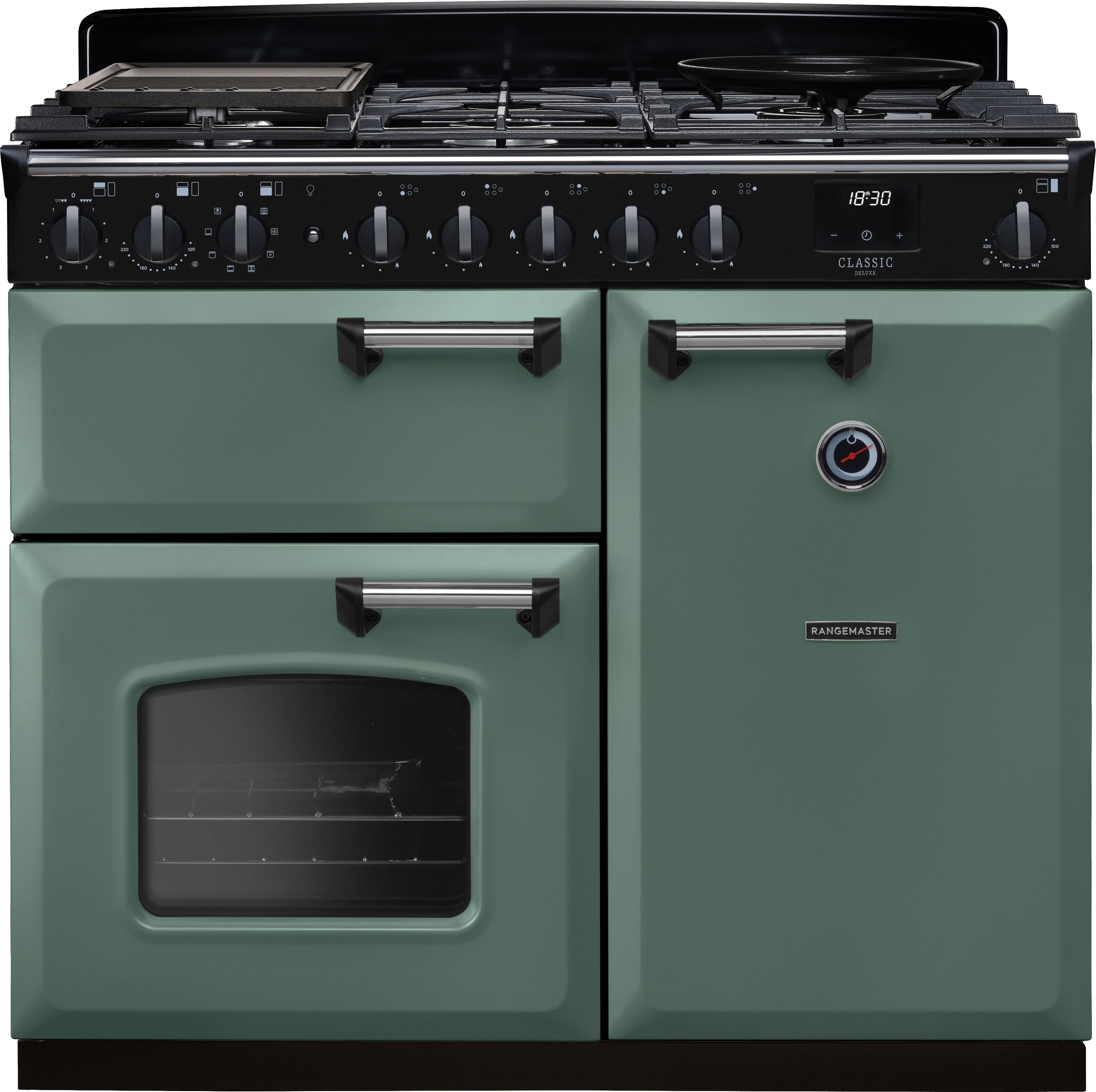 Image of Rangemaster Classic Deluxe 100 Dual Fuel CLDL100DFPMGR/CM1 100cm wide Dual Fuel Range Cooker with Gas Hob - Mineral Green / Chrome - A/A Rated, Green