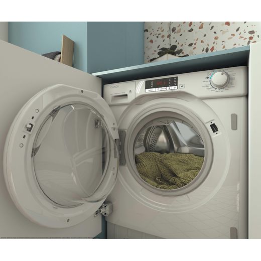 Candy Smart Integrated 8Kg / 5Kg Washer Dryer - White - Washer dryer door open in laundry room