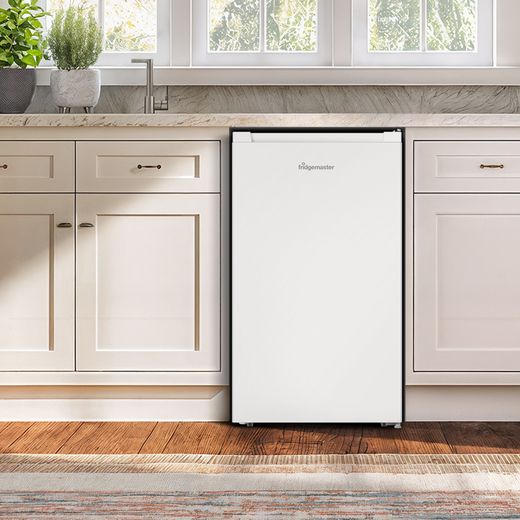 Fridgemaster MUR4894E Compact 84cm Fridge with Ice Box - White - Fridge in kitchen shot
