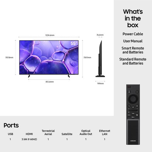Samsung U8000F 55" 4K Ultra HD Smart TV [2025] - Dimensions