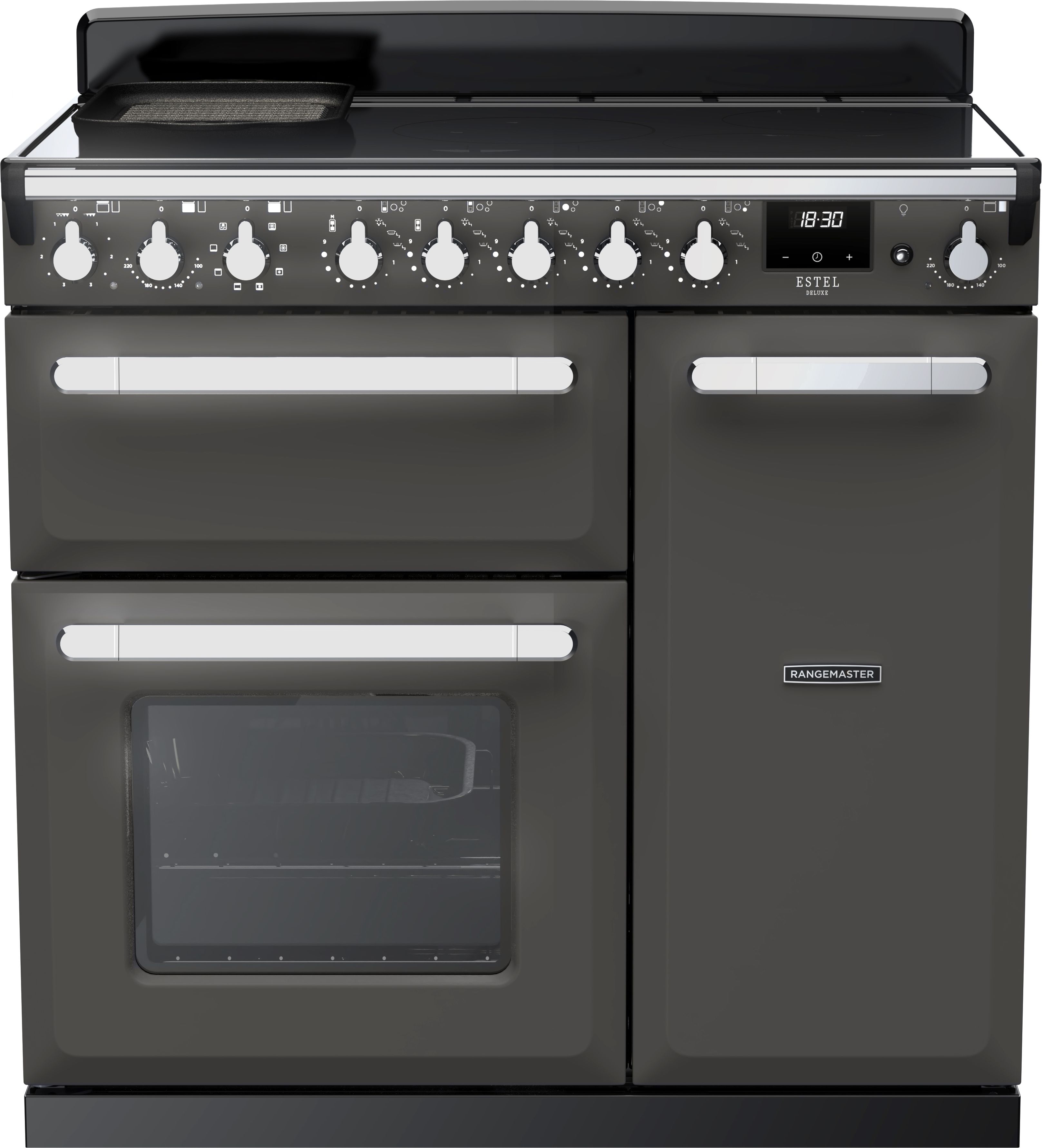 Image of Rangemaster Estel Deluxe ESDL90EIPSLT/CM1 90cm wide Electric Range Cooker with Induction Hob - Slate / Chrome - A/A Rated, Grey