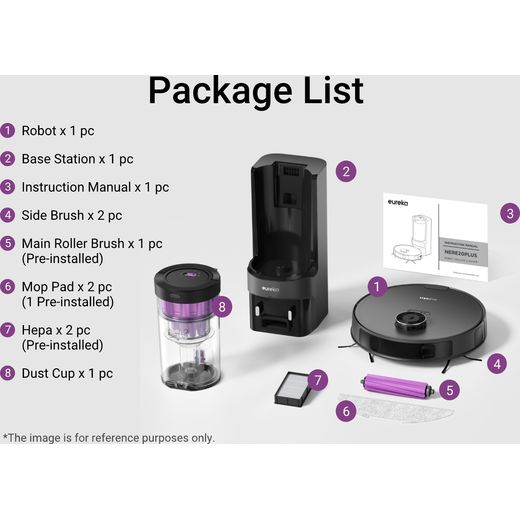 Eureka E20 Robotic Vacuum Cleaner - Graphite / Purple - Annotation - package list shot