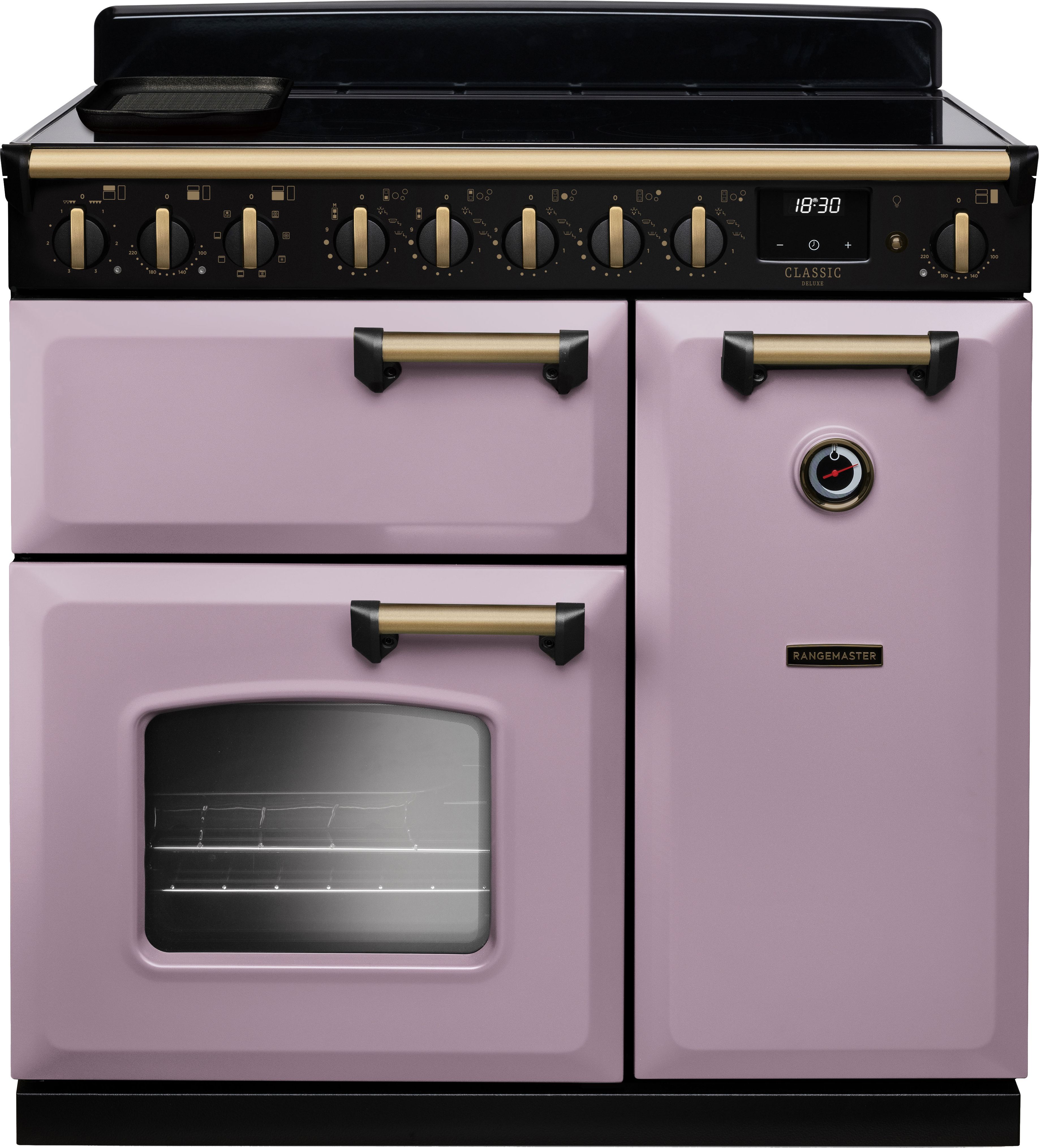 Image of Rangemaster Classic Deluxe CLDL90EIPHTH/AB1 90cm wide Electric Range Cooker with Induction Hob - Heather / Antique Brass - A/A Rated, Purple
