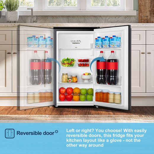 Fridgemaster MUR4894EB Compact 84cm Fridge with Ice Box - Black - Annotation - Reversible door