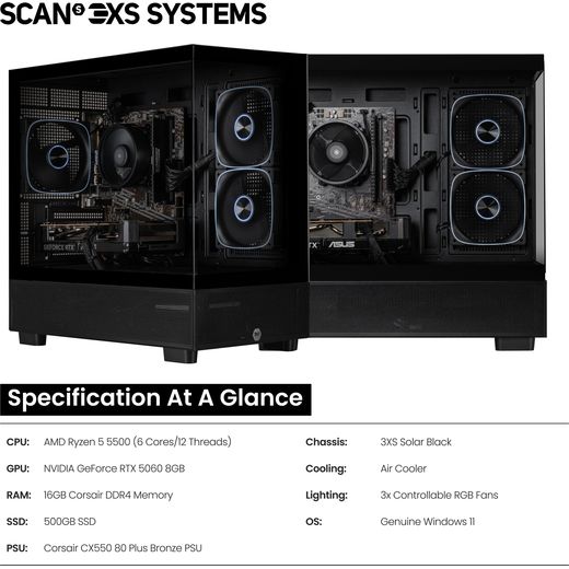 3XS Core 3XS-169056 Micro Tower - NVIDIA® GeForce RTX™ 5060, AMD Ryzen™ 5, SSD - Black - Annotation - Specifications