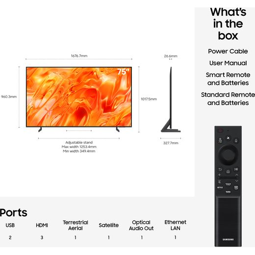 Samsung 75" 4K Ultra HD Neo QLED Smart TV - annotation - dimensions shot 