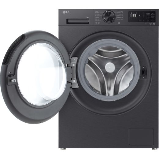 LG Series 5 AI Direct Drive W4X5016TBB Wifi Connected 11Kg / Washer Dryer with 1400 rpm - Essence Matte Black - Door open