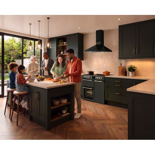 Hotpoint RH90FA20B 90cm wide Dual Fuel Range Cooker with Gas Hob - Black - rage cooker in kitchen shot