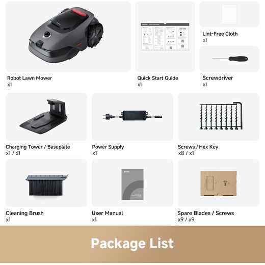 Mova LiDAX Ultra 800 Robotic Lawn Mower - Grey - annotation - whats in the box shot 