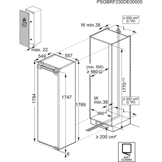 AEG 7000 Series NAB7N181EC Integrated 177cm High Frost Free Upright Freezer with Fixed Door Fixing Kit - Dimensions