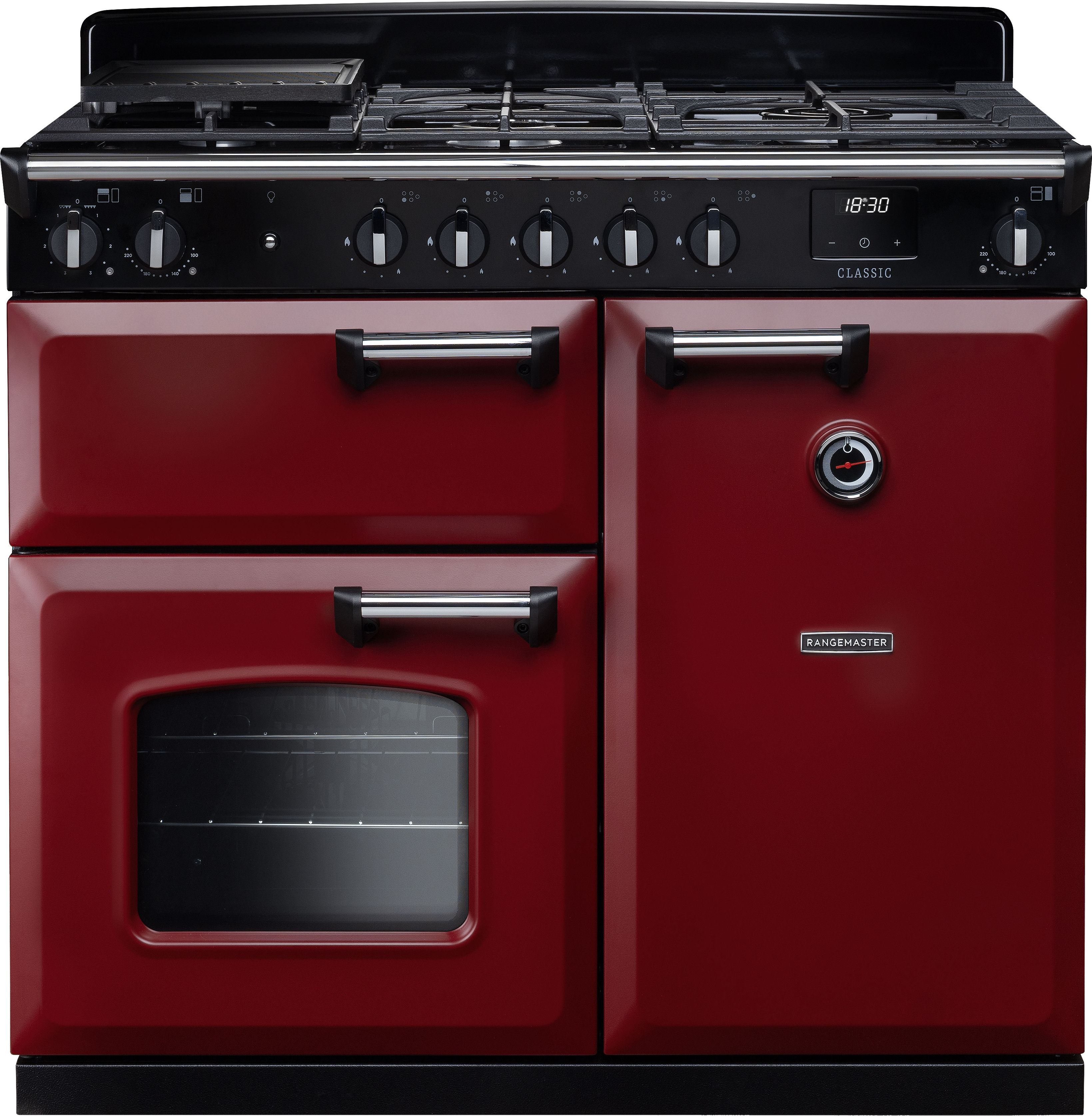 Image of Rangemaster Classic CL100DFPBOR/CM1 100cm wide Dual Fuel Range Cooker with Gas Hob - Bordeaux / Chrome - A Rated, Red