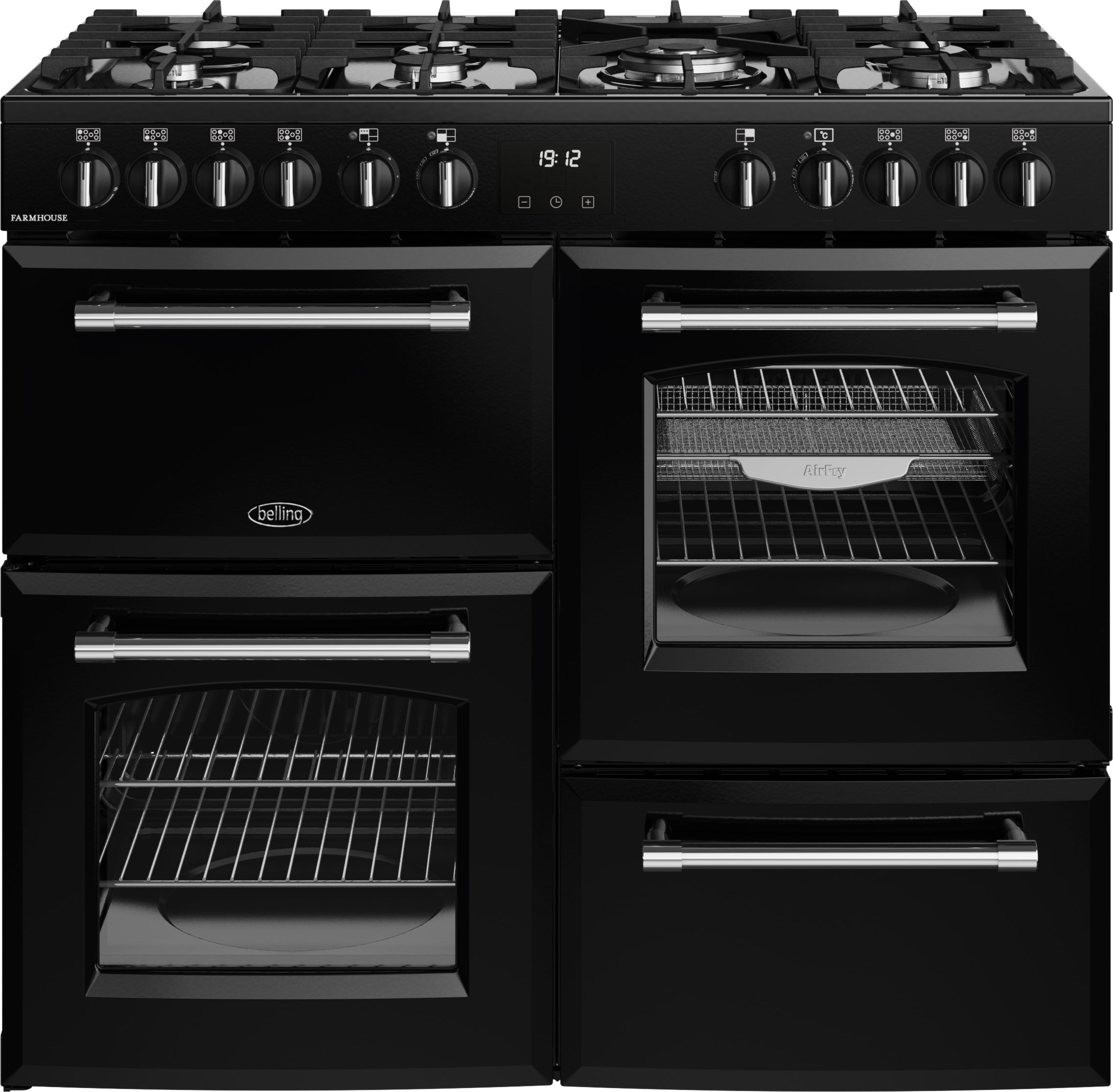 Image of Belling Farmhouse 100DF 100cm wide Dual Fuel Range Cooker with Gas Hob - Black - A Rated, Black