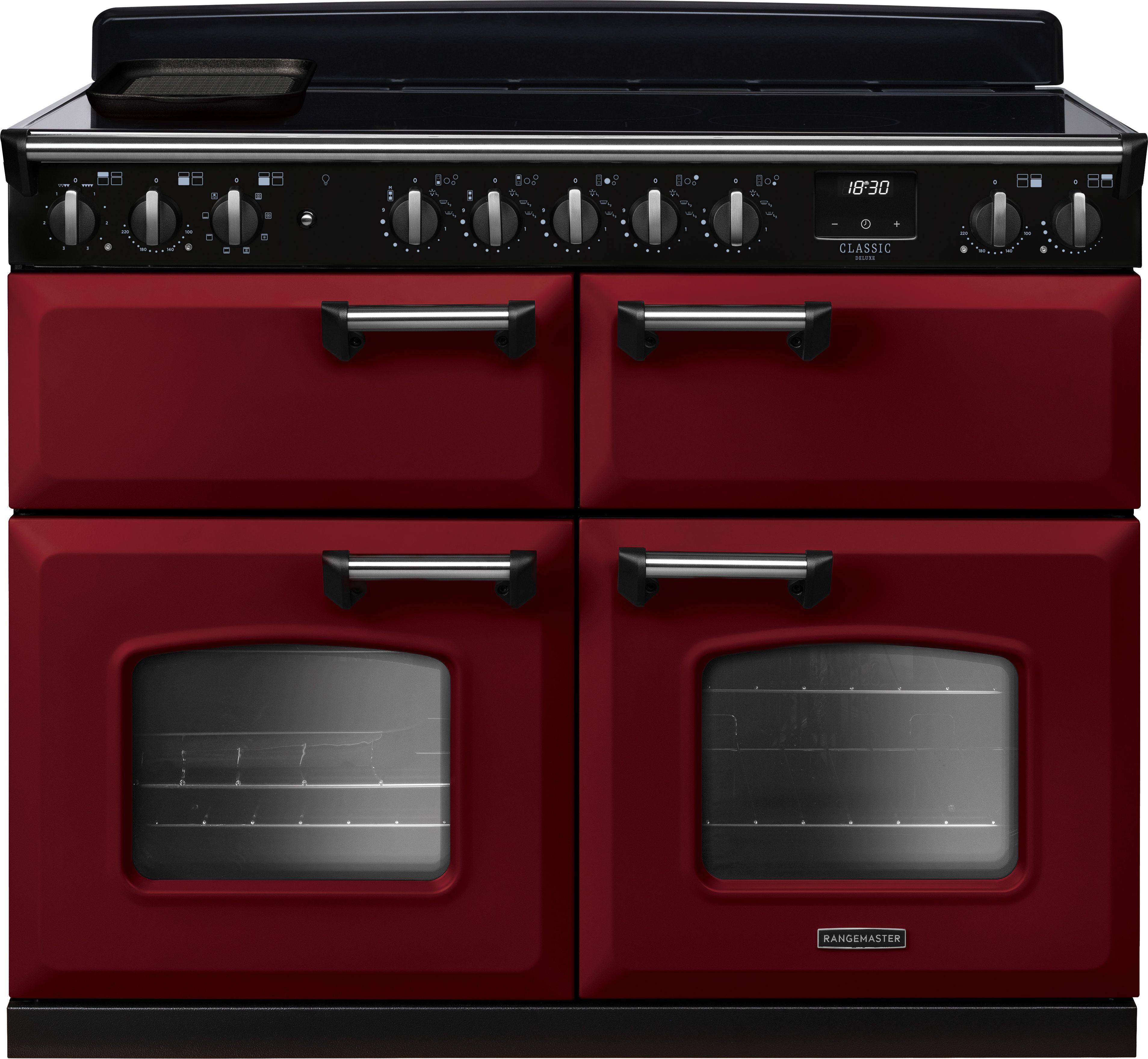Image of Rangemaster Classic Deluxe BC CLDLB110EIPBOR/CM1 110cm wide Electric Range Cooker with Induction Hob - Bordeaux / Chrome - A/A Rated, Red