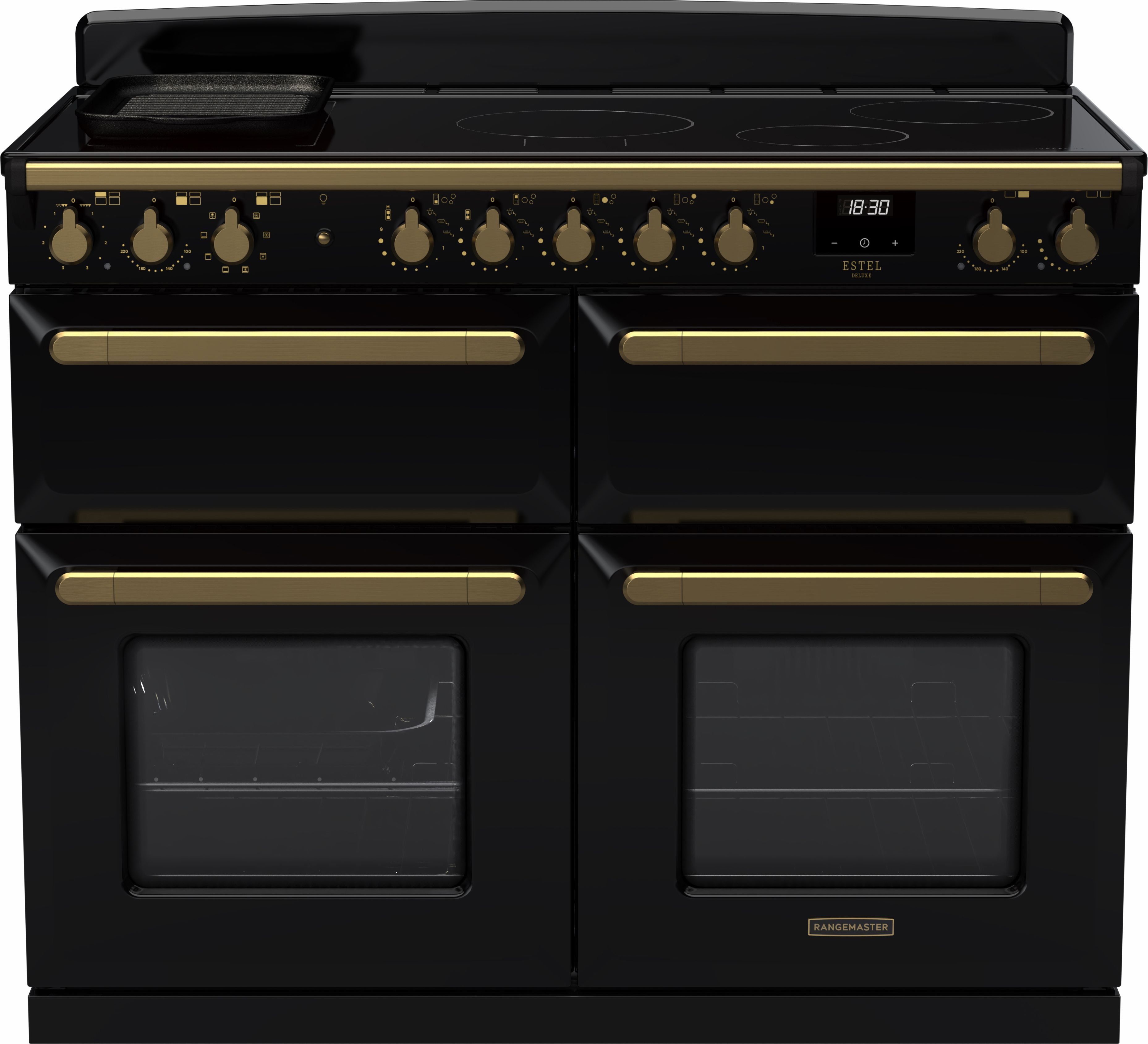 Image of Rangemaster Estel Deluxe ESDLB110EIPGBL/AB1 110cm wide Electric Range Cooker with Induction Hob - Black / Antique Brass - A Rated, Black