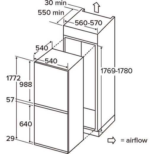 CDA FW703 177cm 70/30 Integrated Fridge Freezer with Sliding Door Hinge - White - Annotation - Dimensions shot