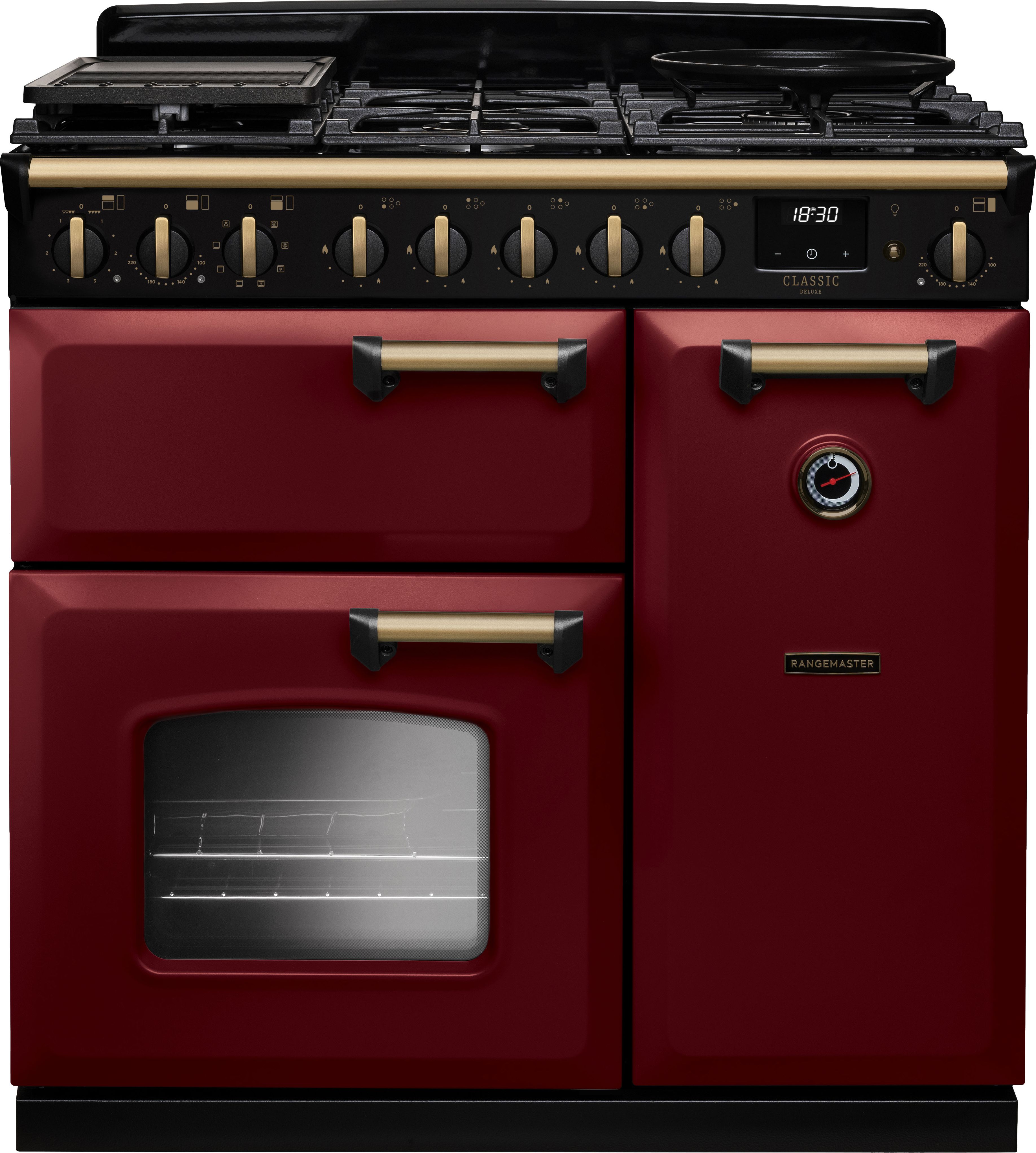 Image of Rangemaster Classic Deluxe 90 CLDL90DFPBOR/AB1 90cm wide Dual Fuel Range Cooker with Gas Hob - Bordeaux / Chrome - A Rated, Red