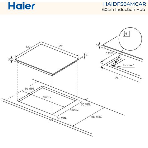 Haier Series 2 HAIDFS64MCAR 60cm Induction Hob - dimensions