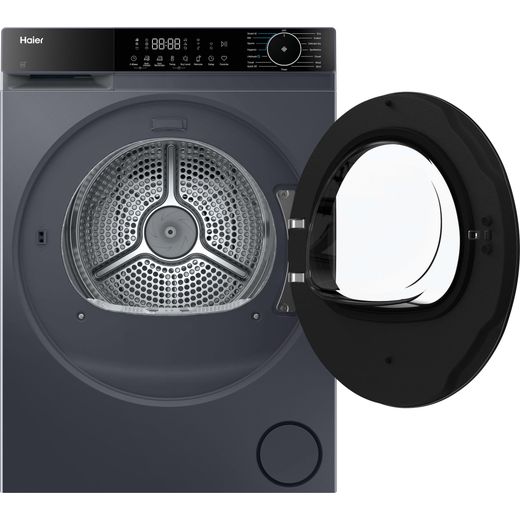 Haier X5 HD90-D357AGU1-UK Wifi Connected Heat Pump Tumble Dryer - Graphite - front with door open shot