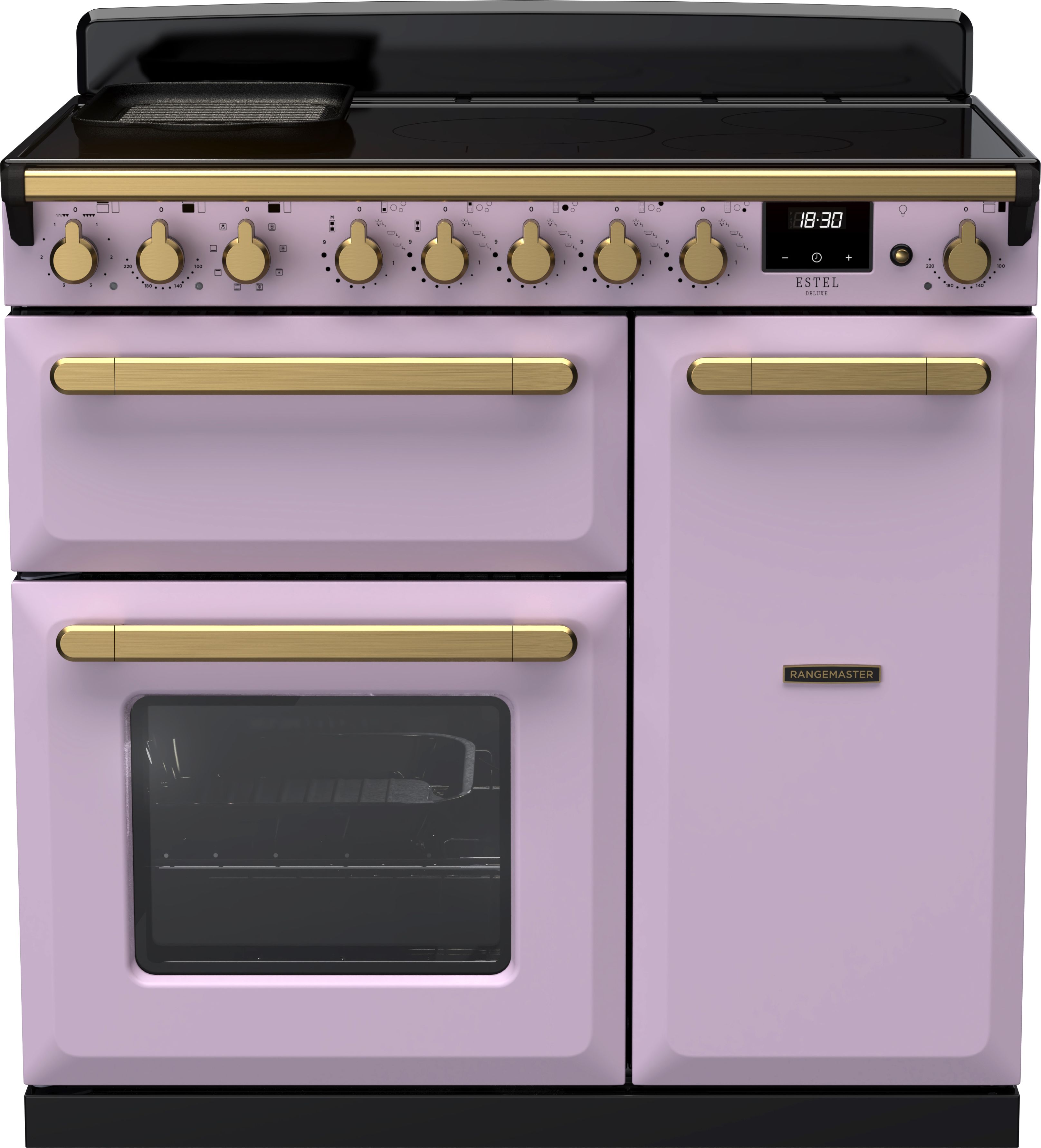 Image of Rangemaster Estel Deluxe ESDL90EIPHTH/AB1 90cm wide Electric Range Cooker with Induction Hob - Heather / Antique Brass - A/A Rated, Purple