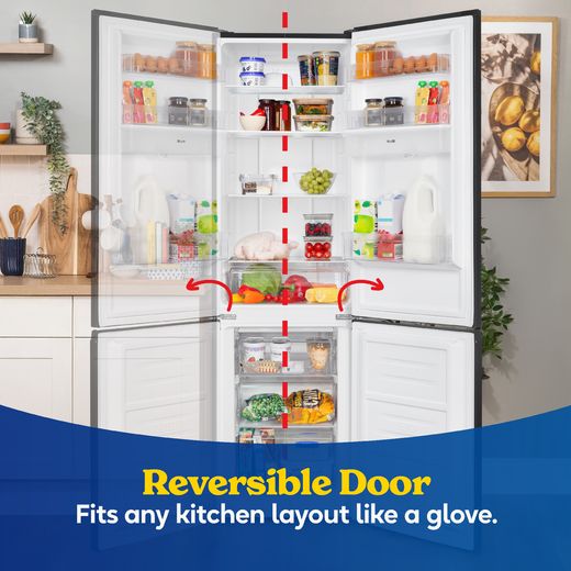 Russell Hobbs RH181TNF552E1DIWD 181cm 60/40 Frost Free Fridge Freezer - Black Steel - annotation - reversible door shot
