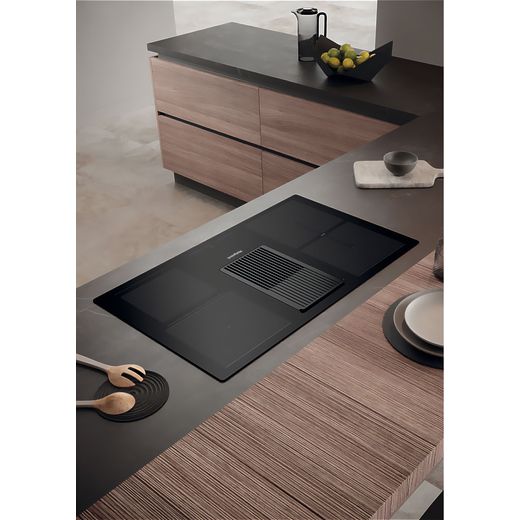 Hotpoint PVH92BK/FKIT 83cm Venting Induction Hob - Black - High hob perspective in kitchen counter shot