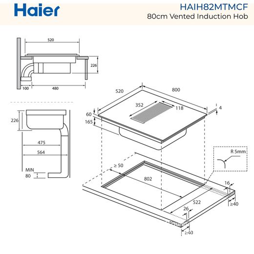 Haier I-Dual Series 6 HAIH82MTMCF 80cm Induction Hob - Black - For Recirculating Ventilation - domensions