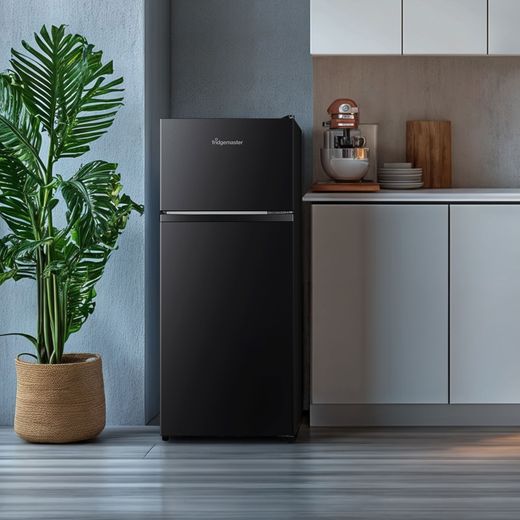 Fridgemaster MTM48120EB 117cm 80/20 Small Fridge Freezer - Black - Fridge freezer in kitchen shot