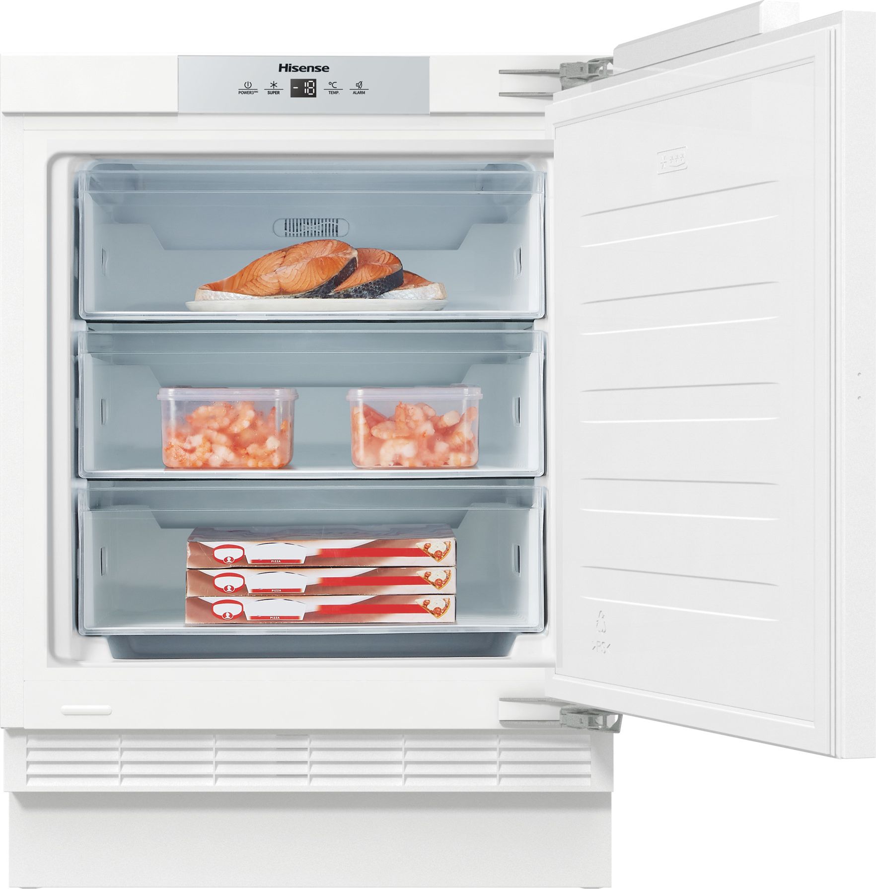 Image of Hisense FUV124D4AWE Integrated Under Counter Freezer with Fixed Door Hinge Kit - E Rated, White