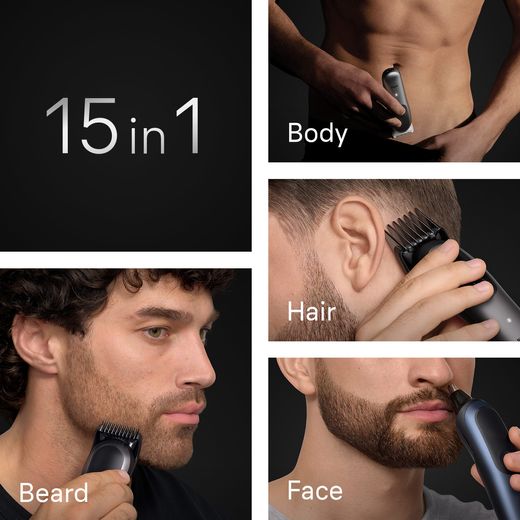 Braun All-in-One Series 7, 15in1 Hair Clipper - Black / Blue - Annotation - 15 in 1 shot