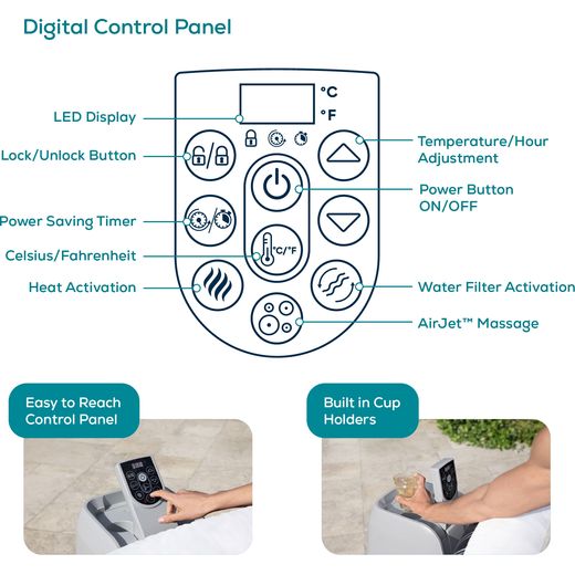 Lay-Z-Spa Hollywood Luxe AirJet™ BW60059GB Hot Water Dispenser - Black - Annotation - Digital control panel shot