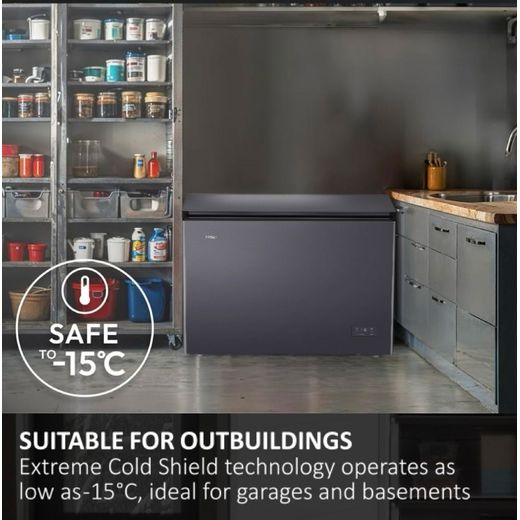 Haier HCE300NFEK Total No Frost Chest Freezer - Dark Inox - Annotation - Suitable for outdoor building shot