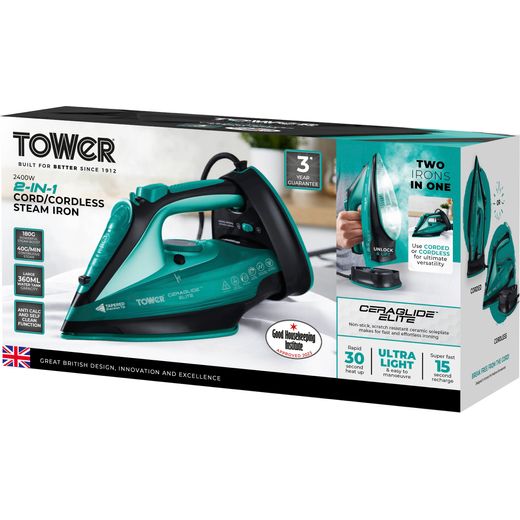 Tower T22008TL 2400 Watt Iron -Teal - Left box perspective shot