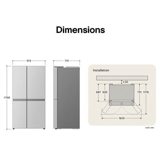 LG NatureFRESH™ American Fridge Freezer - Essence Black Steel - Dimensions