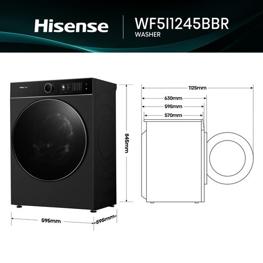 Hisense 5i KitchenFit Series WF5I1245BBR 12kg Washing Machine with 1400 rpm - Black -  Annotation - Dimension shot 