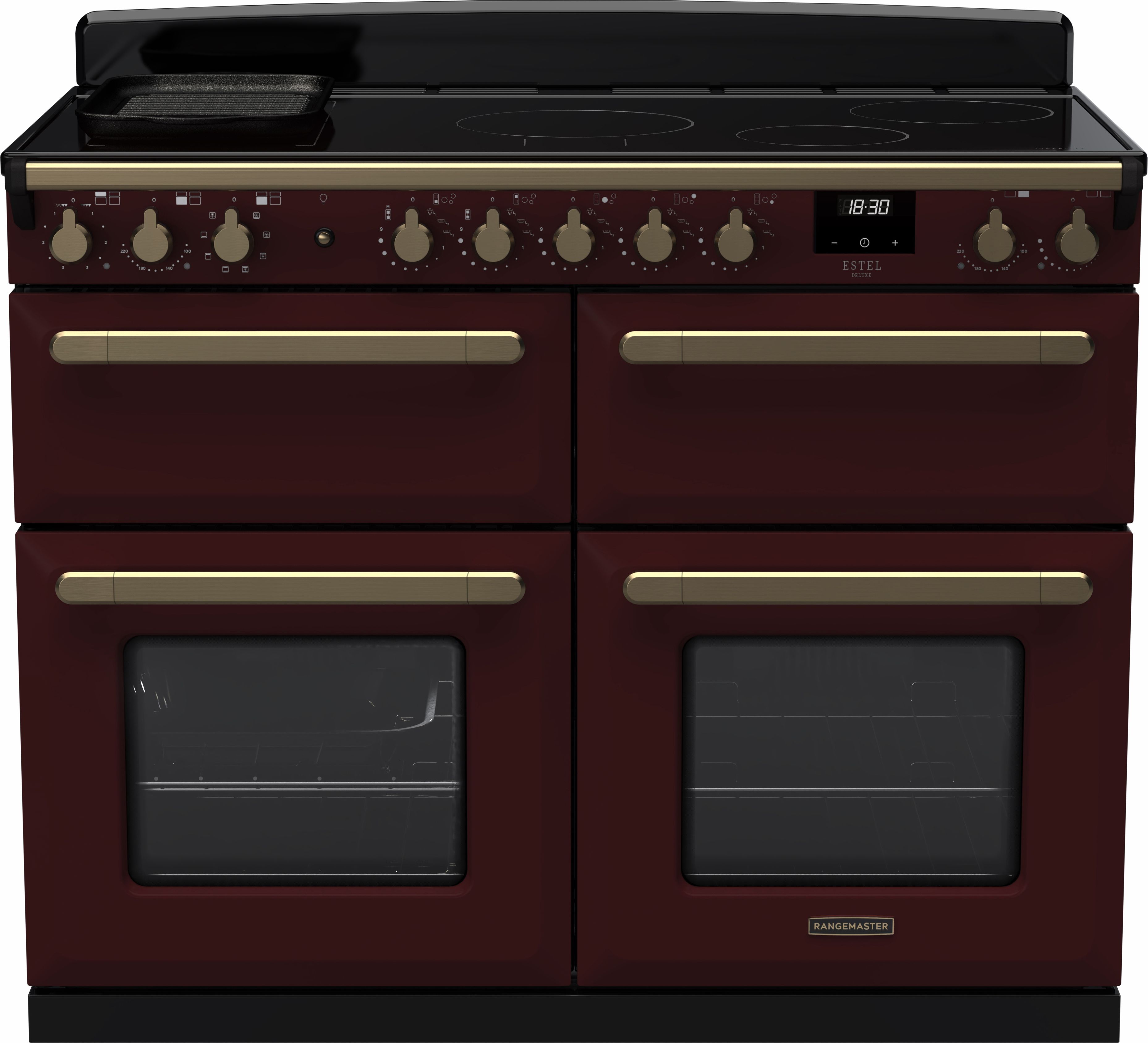 Image of Rangemaster Estel Deluxe ESDLB110EIPBOR/AB1 110cm wide Electric Range Cooker with Induction Hob - Bordeaux / Antique Brass - A Rated, Red