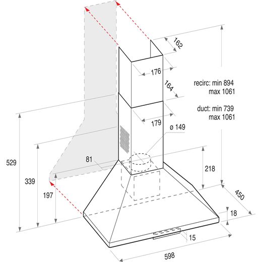 Indesit UHPM6.3FCSX/1 60 cm Chimney Cooker Hood - Stainless Steel - Dimensions