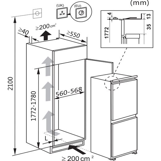 Hisense Integrated 50/50 Frost Free Fridge Freezer with Sliding Door Fixing Kit - White - Annotation - Dimension shot