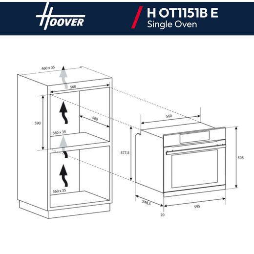 Hoover P HOT11XHHW6LMX Electric Single Oven and Gas Hob Pack - annotation - oven dinensions