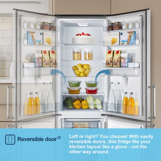 Fridgemaster MC55265DES 180cm 70/30 Fridge Freezer - Silver - Annotation - Reversible door