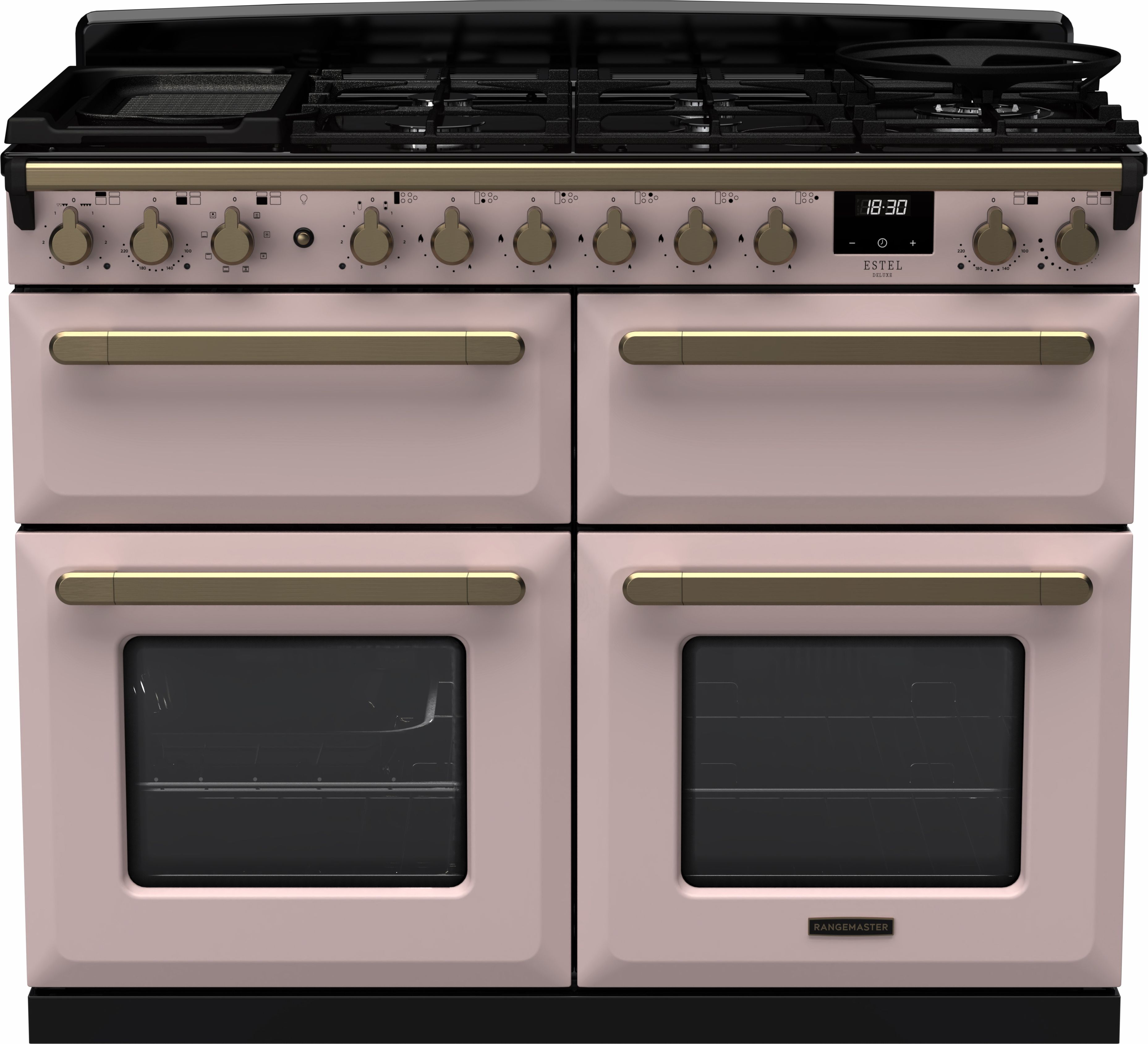 Rangemaster 110cm Dual Fuel Range Cooker - 7 Burner Gas Hob - 4 Ovens - Pale Pink - Antique Brass