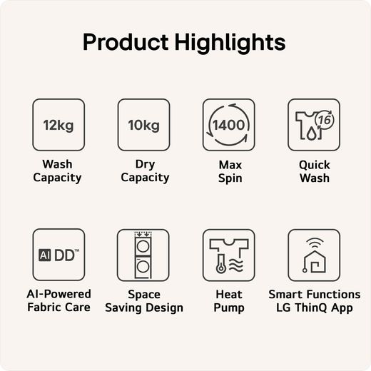 LG WashTower™ AI Direct Drive™ WT1210BBTN1 Wifi Connected 12Kg / 10Kg Heat Pump Washer Dryer with 1400 rpm - Platinum Black - Annotation - product highlight