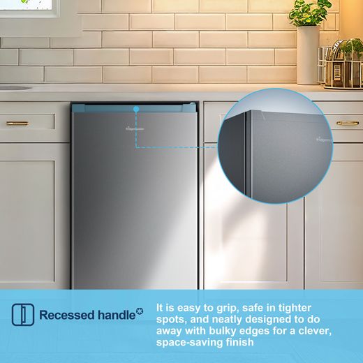 Fridgemaster MUL4892ES Compact 84cm Fridge - Silver - Annotation - Recessed handle shot