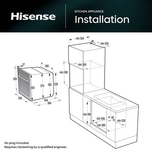 Hisense Hi6 BlackLine BSA66346PDBGUK Wifi Connected Built In Electric Single Oven with Pyrolytic Cleaning - Jet Black - Annotation - dimension shot